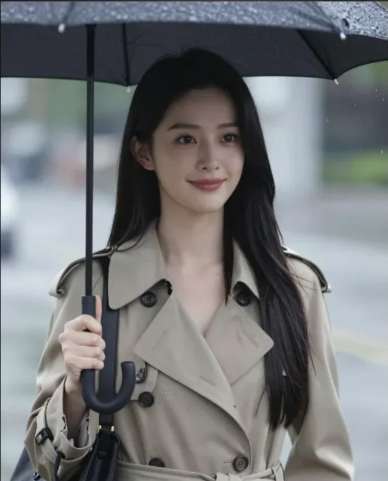 KI-Frau im Trenchcoat unter einem Regenschirm
